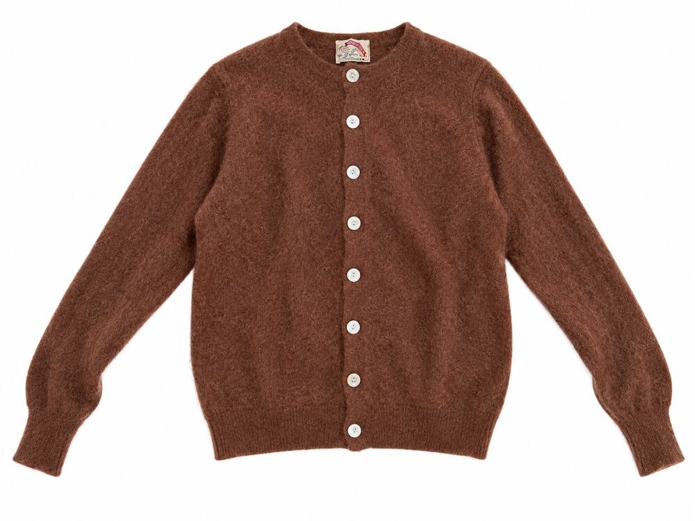 Brown Fuzzy Knit Button Front Cardigan Sweater Long Sleeve Pearl Look Buttons